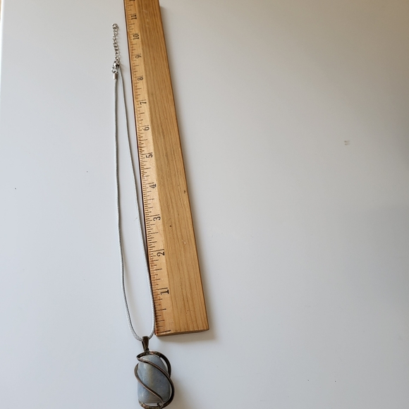 Vintage Caged in Silver Tone Metal Pale Blue Green Stone Pendant Necklace - Picture 17 of 17